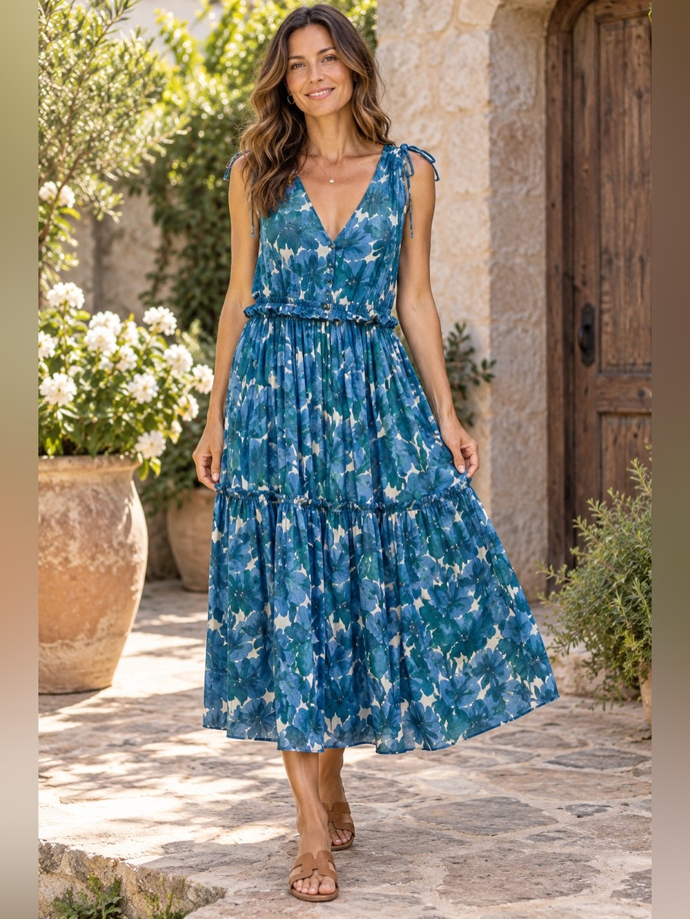 Sundance Maren Meadow Blue Floral Tiered Midi Dress Size M Boho Cottagecore